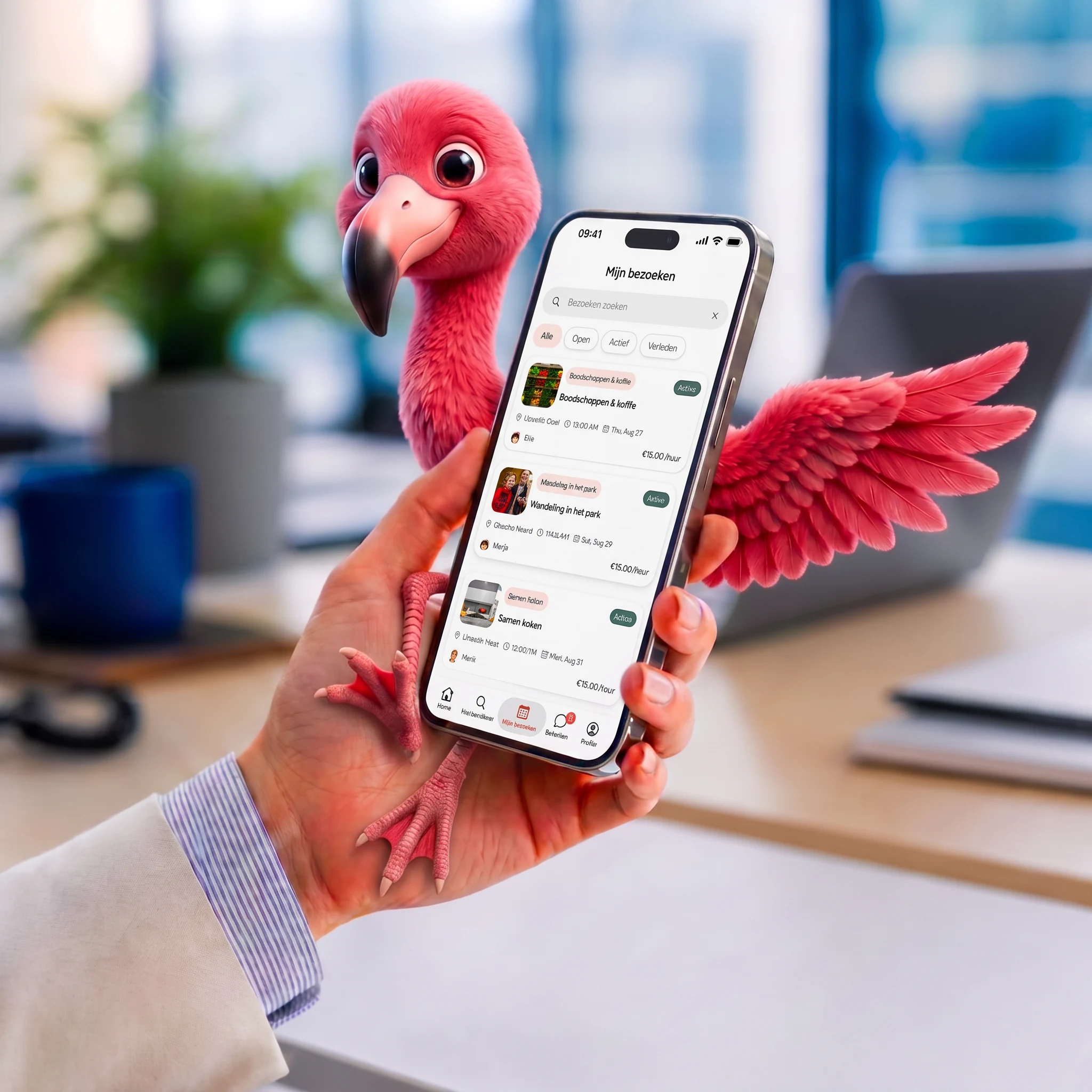 Hand van een werknemer houdt een telefoon vast met de app Gezelschap van de Zaak